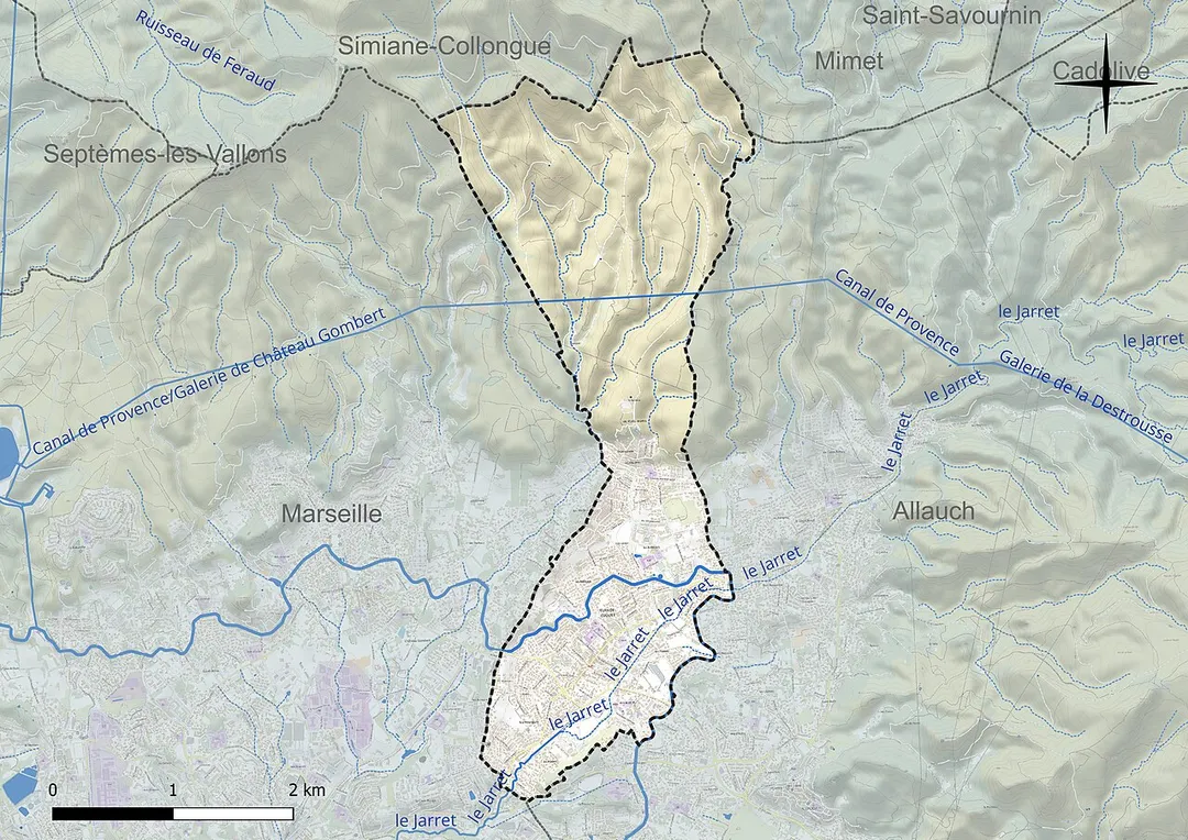 Carte du réseau hydrographique de la commune de fr:Plan-de-Cuques (France).
