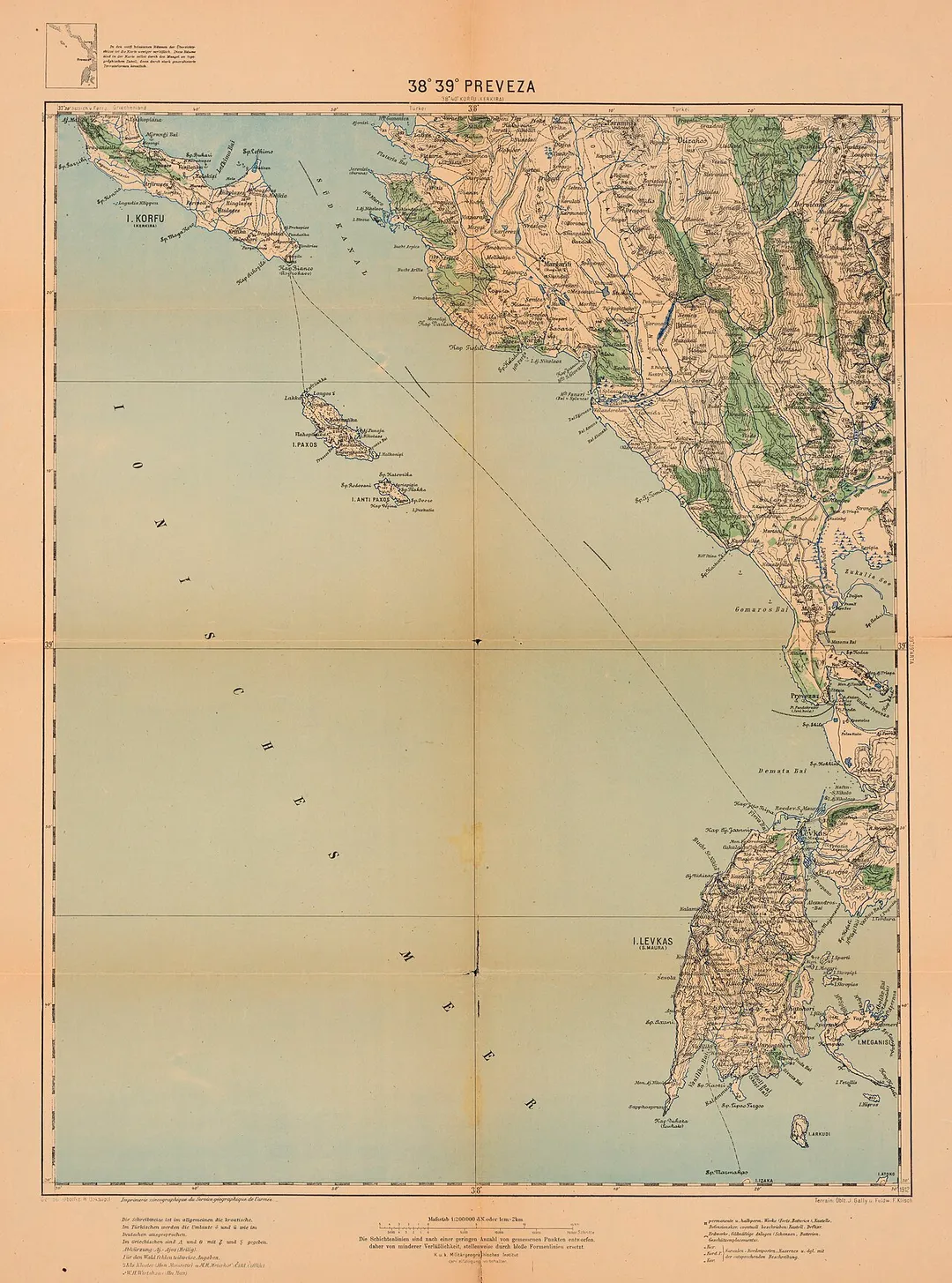 Map of western Epirus, including most of the region of Preveza and Thesprotia, the islands of Lefkas, Paxos, Antipaxos, and part of the island of Corfu, published by the Imperial Institute of Military Geography (K.u.K. Militärgeographisches Institut). Colour lithography, Vienna, 1912. Nikos D. Karabelas map collection, Actia Nicopolis Foundation, Preveza, Greece.