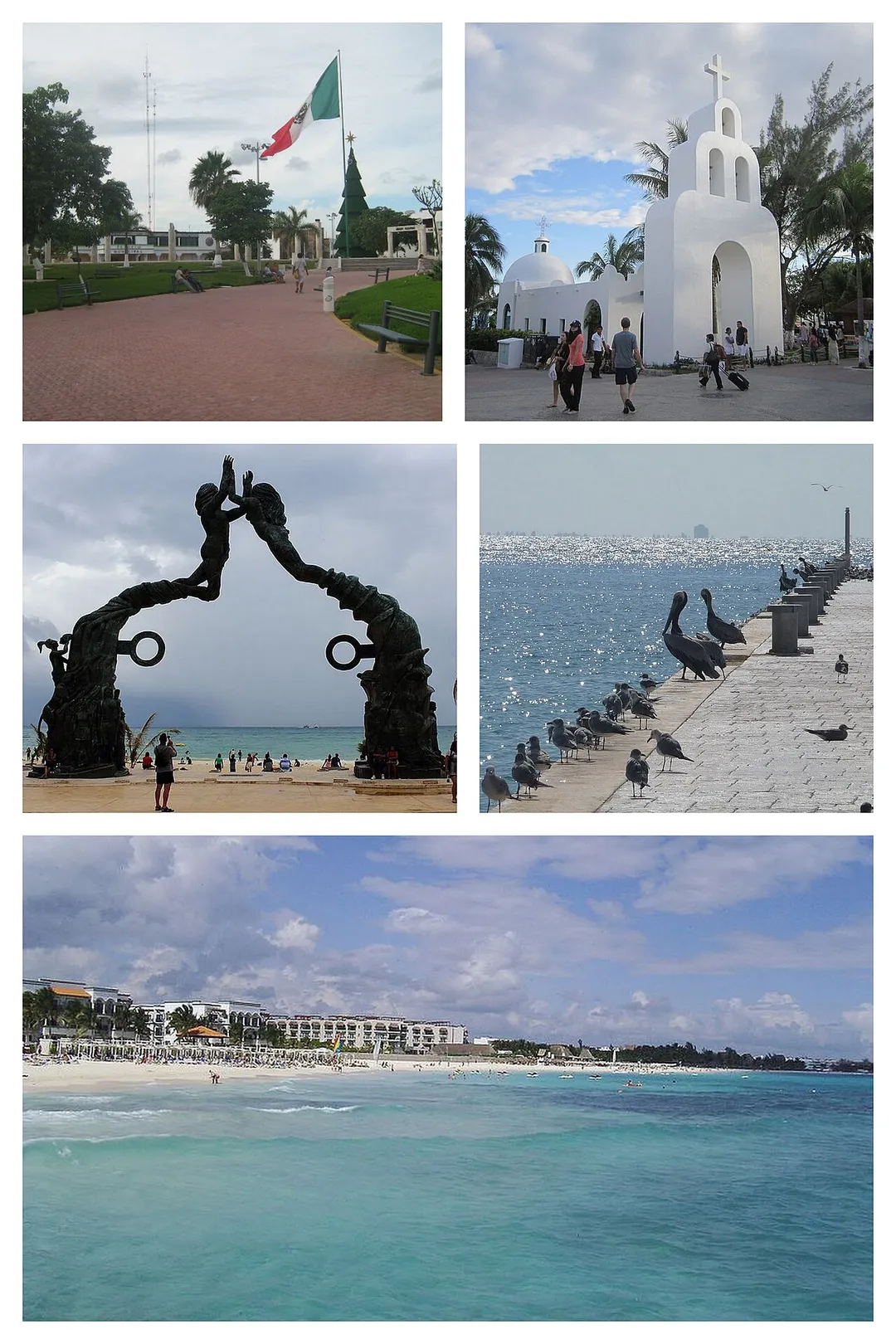 Montaje creado a partir de cinco imágenes en Wikimedia Commons:
File:Playa Del Carmen - panoramio.jpg
File:Catholic Chapel of Our Lady of Carmen in Playa del Carmen.JPG
File:Plaza, Playa del Carmen. - panoramio.jpg
File:Serie de fotografías en Playa del Carmen 20.jpg
File:Playa del Carmen, Quintana Roo, Mexico - panoramio (2).jpg