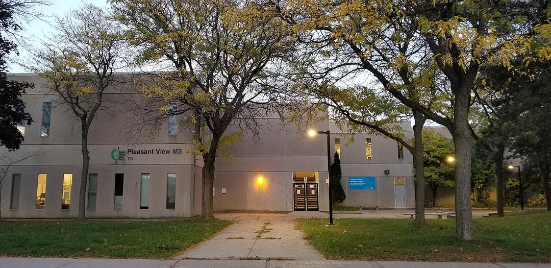 Front view of Pleasant View Middle School located at 175 Brian Drive, Toronto, Ontario, Canada.