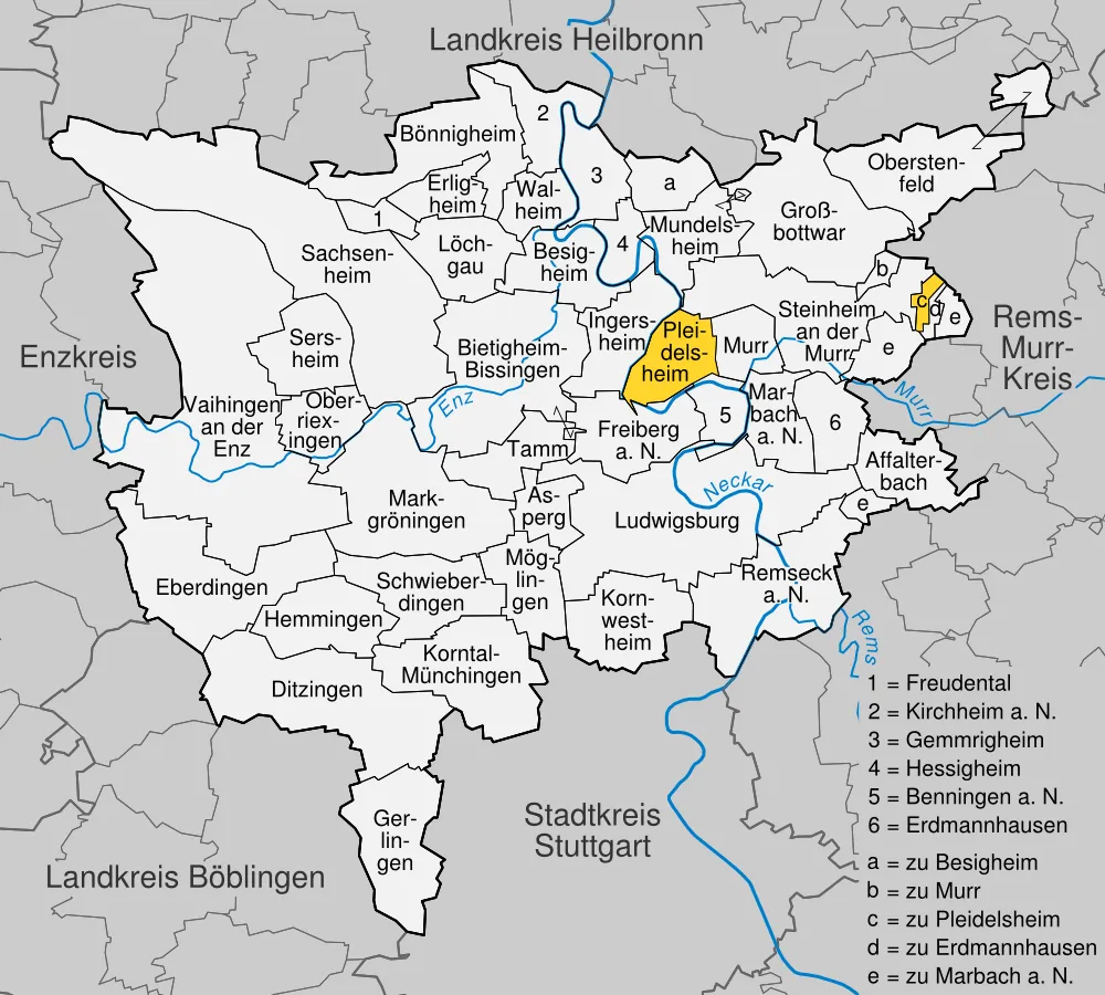 position of Pleidelsheim within distict of Ludwigsburg, Baden-Württemberg, Germany