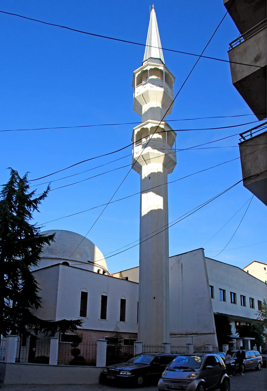 Mosque with the minaret in the centre of town Pogradec, Albania, September 2018