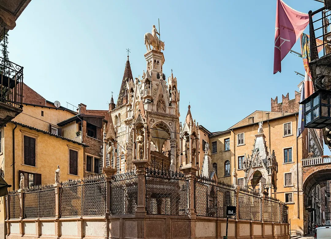 Scaliger Tombs in Verona. Tomb of Cansignorio the foreground, the Santa Maria Antica church and the tomb of Cangrande I della Scala, and right the tomb of Mastino II.