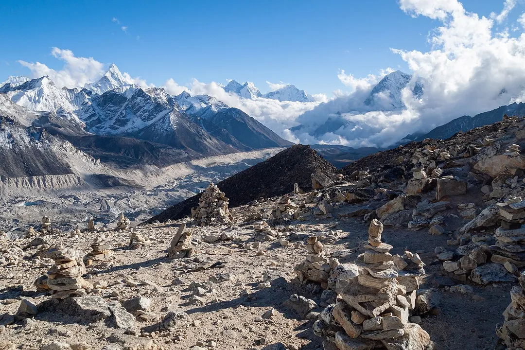 View of Khumbu Glacier, Ama Dablam, Kangtega, Thamserku and other mountain peaks in the Sagarmatha Everest Zone in Nepal, Himalayas. 5,500 metres (18,000 ft) a. s. l. View southwards from the base of Mount Pumori, Nepal, Himalayas.