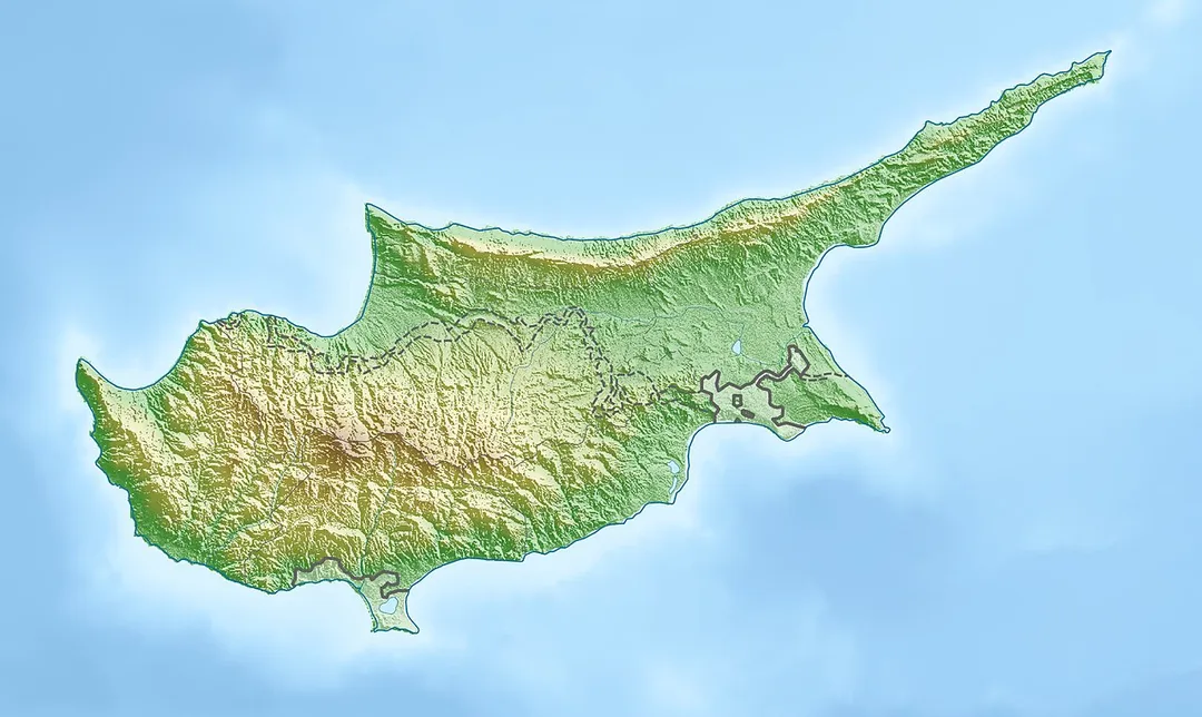 Physical location map of Cyprus.
Equirectangular projection, N/S stretching 115 %. Geographic limits of the map:

N: 35.8° N
S: 34.4° N
W: 32.1° E
E: 34.8° E