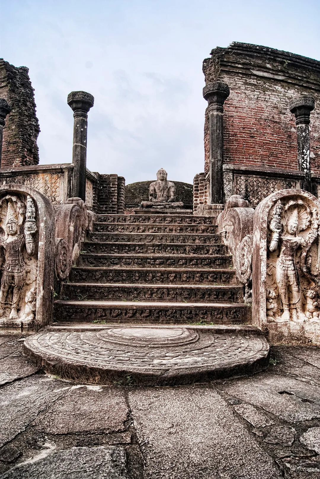 The steps lead to the center of the Vatadage (circular relic house), which was believed to have been built in the 12th century.