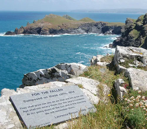 Image of the plaque on Pentire Head, north Cornwall, United Kingdom, commemorating the composition of the poem "For The Fallen". The photograph was taken by me in 2005.