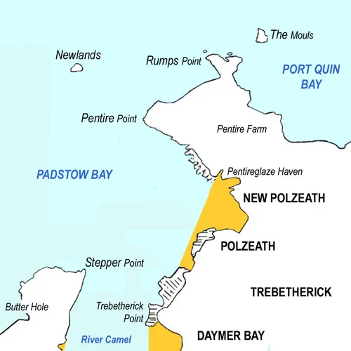 A map showing Pentire Head, Polzeath, Stepper Point and area