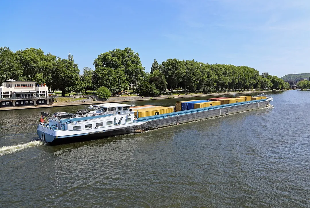 Belgian barge Skyline on the river Meuse in Liège (Belgium)