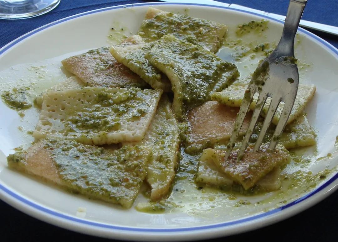 A plate of Panigacci with Pesto as served in a restaurant in Pontremoli