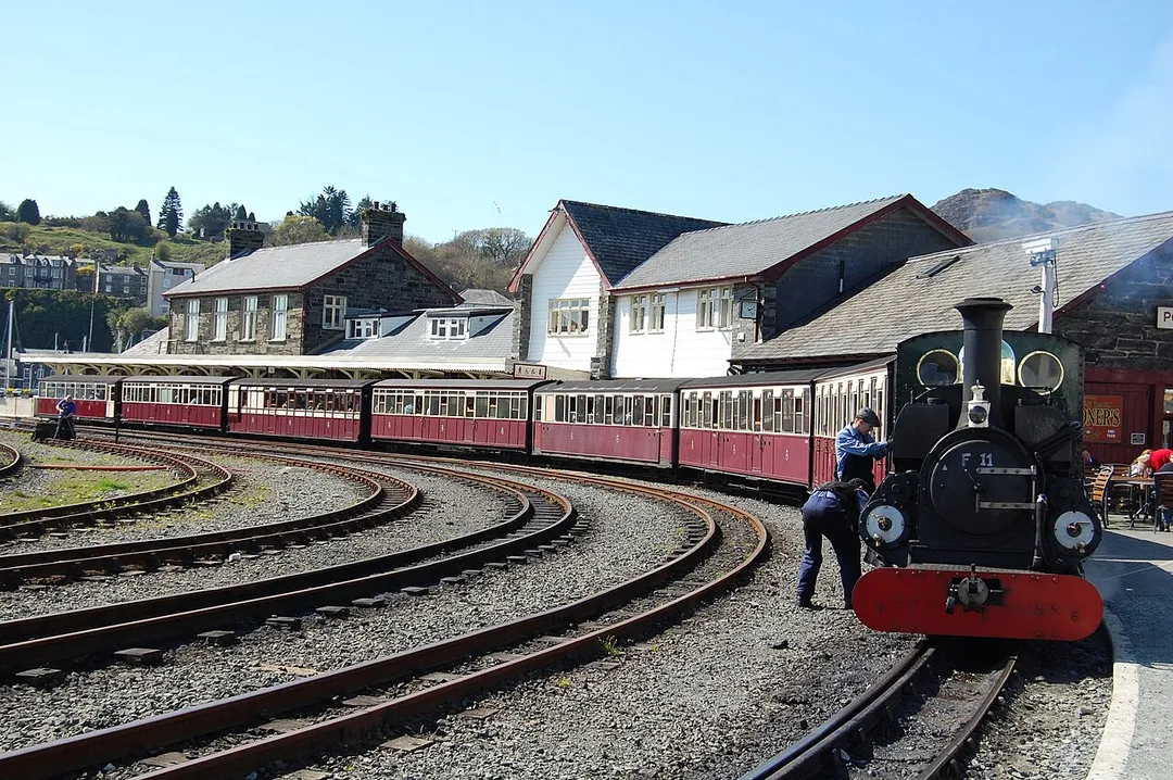 Ffestiniog Railway train headed by Blanche at Porthmadog Harbour Station in Gwynedd