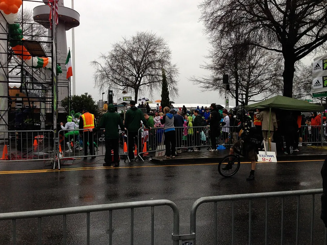 The Shamrock Run in Portland, Oregon is an annual event held around St. Patrick's Day. Depicted here are runners lined up to compete in the run.