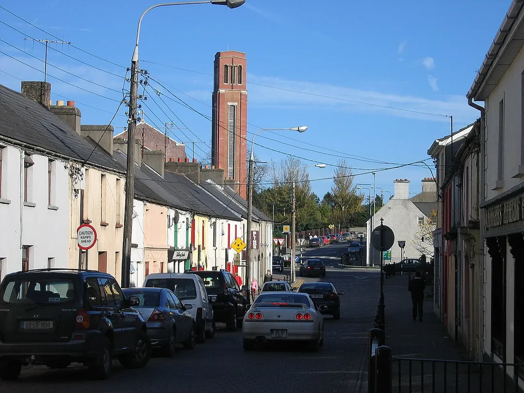 Bridge Street in Portlaoise, looking east with the Roman Catholic Parish Church of SS. Peter and Paul in the background.