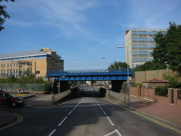Darkes Lane, Potters Bar with railway bridge.