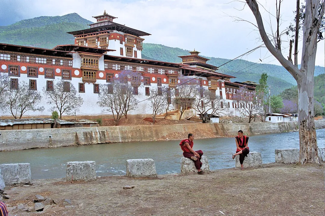 Punakha Dzong, Bhutan. Photo taken April 22, 2002. Monks in foreground with the southern portion of the dzong visible across the Mo Chhu.  Copyright (c) 2002 by William L. Devanney.