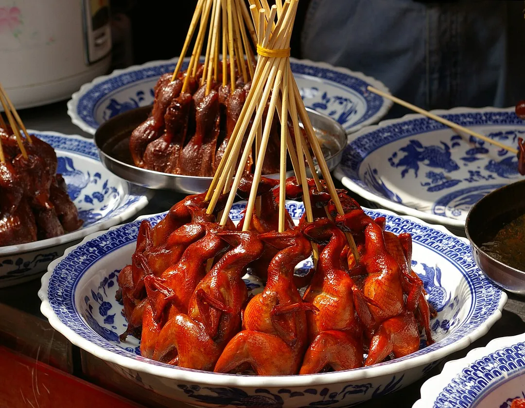 Skewered quail, street food in Qibao Town, Shanghai