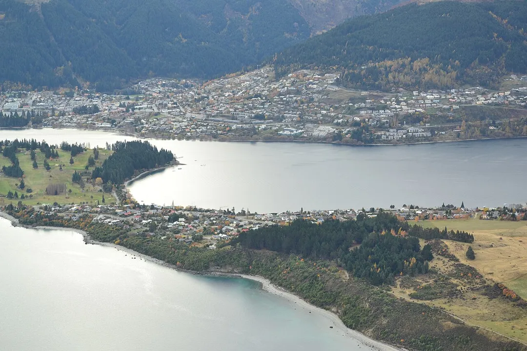 Shot of Queenstown taken from a Cessna Caravan. Foreground shows the suburb of Kelvin Heights and the Kelvin Peninsula.