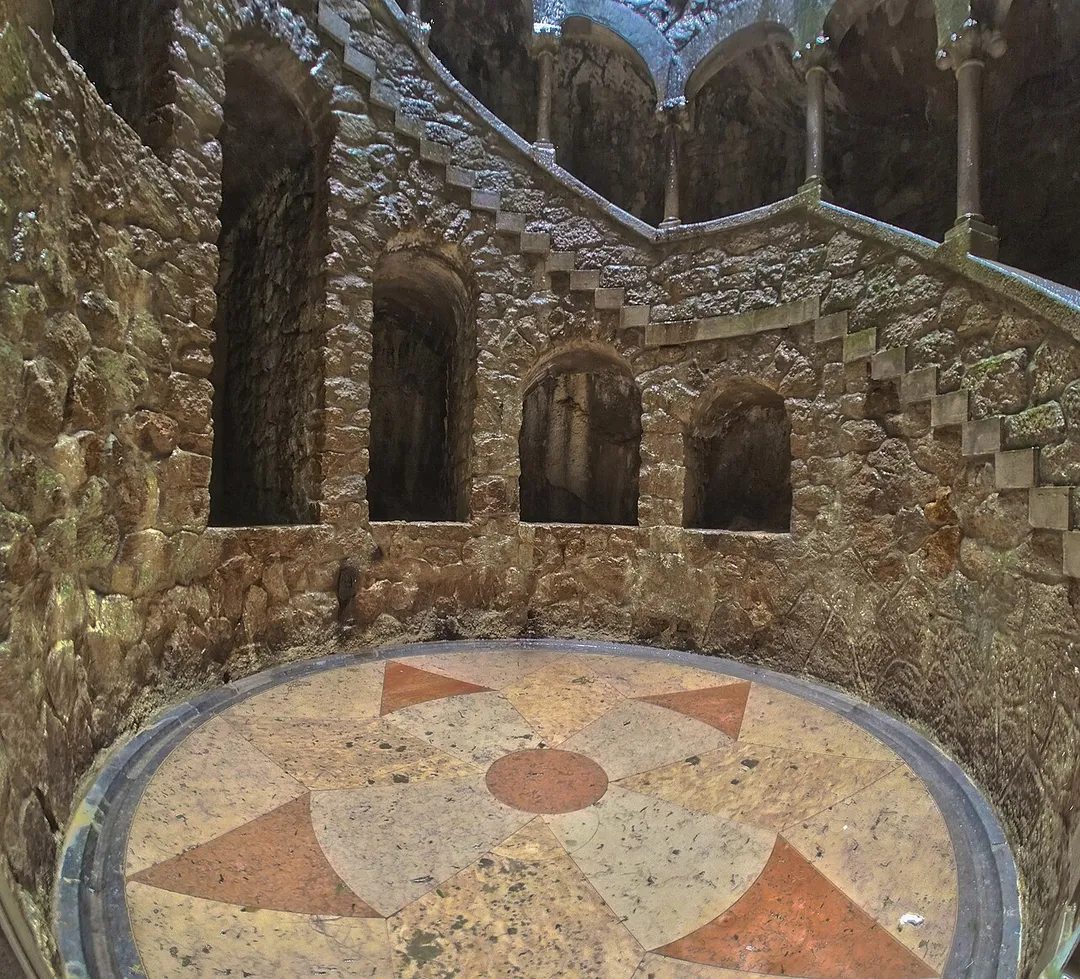Bottom of the Initiation well at Quinta da Regaleira - this image was digitally modified for perspective (fisheye lens combined with de-fishing software); HDR