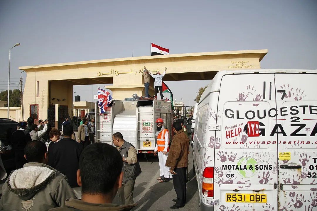 Rafah border crossing - British aid convoy entering Gaza Strip from Egypt