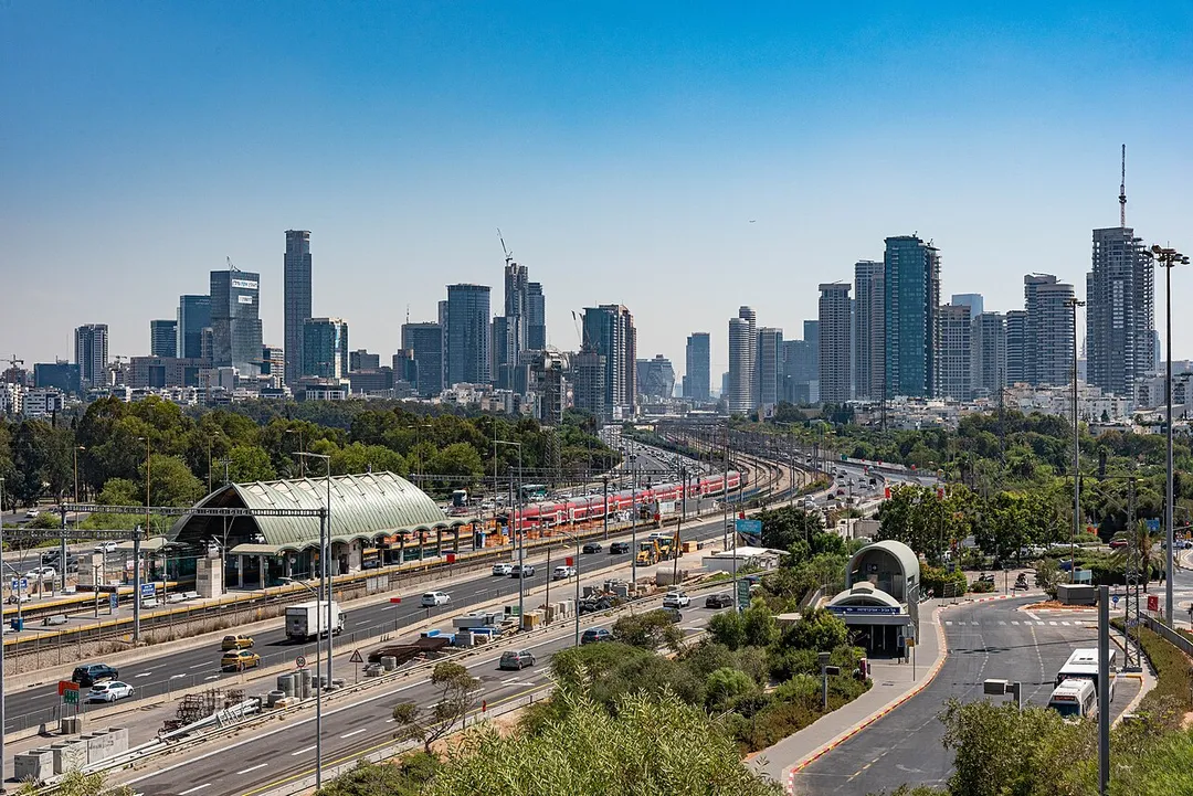 Skylines of Tel Aviv and Ramat Gan, Israel from HaMada Promenade (Tel Aviv University)