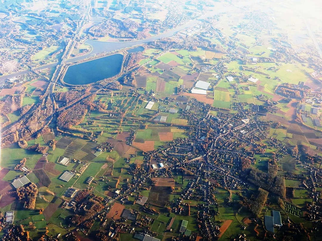 Aerial view from the (south)west towards the village of Broechem and the Albert Canal, in Antwerpen province - north Belgium.