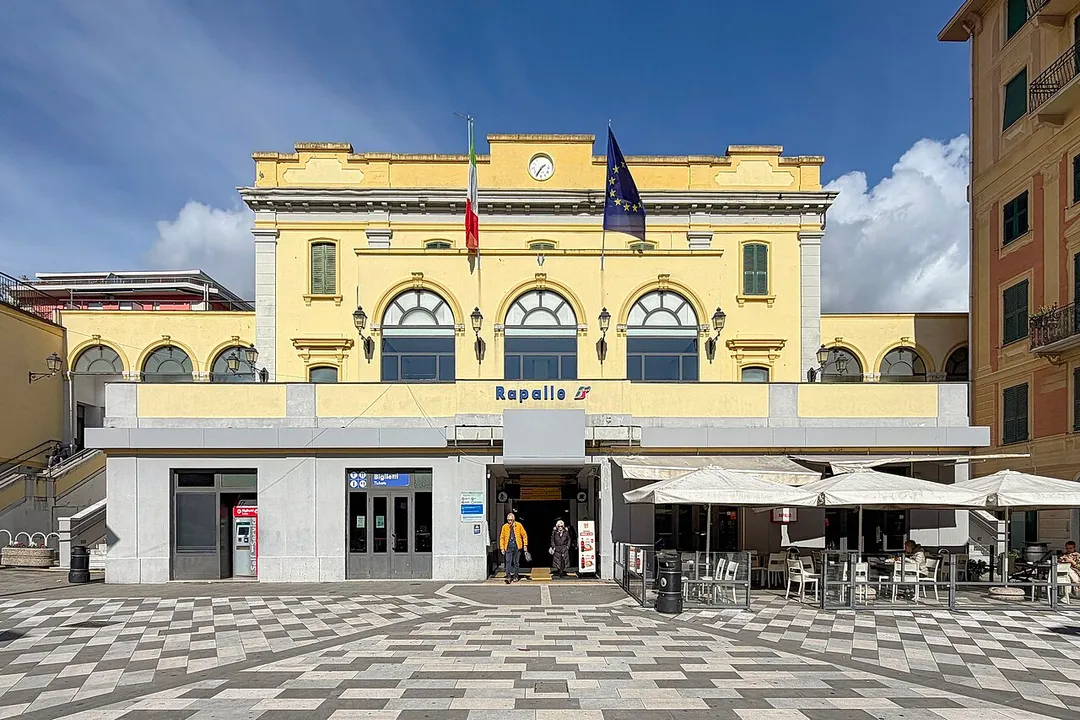 Front entrance of Rapallo railway station in Rapallo, Liguria, Italy.