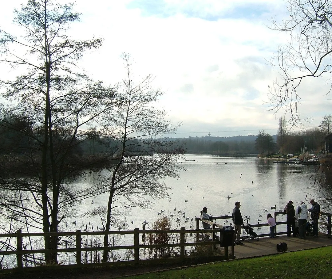 Arrow Valley Lake in Arrow Valley Park, Redditch, Worcestershire.  Taken by DKJackson in December 2005.  The Redditch Sailing Club building is visible on the right.  The water tower in Headless Cross is visible on the horizon - this is a familiar Redditch landmark visible around the town.