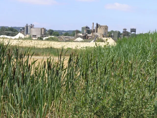 Holmethorpe Quarry. Quarry works in the distance with a sand pit in front.