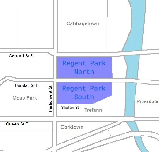 Map of Regent Park in Toronton showing North and South