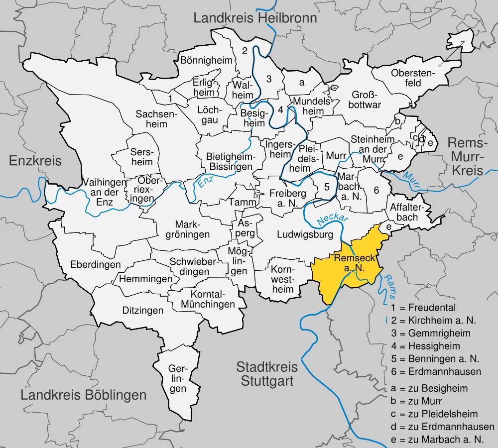 position of Remseck within distict of Ludwigsburg, Baden-Württemberg, Germany