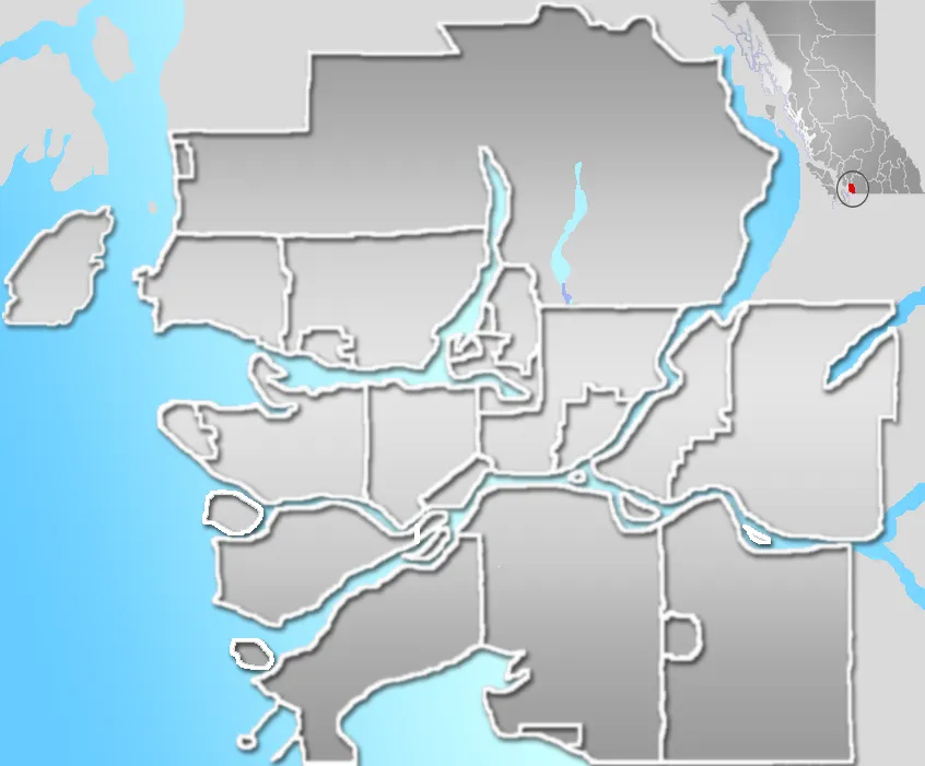 Blank map of the Greater Vancouver Area, British Columbia, Canada.