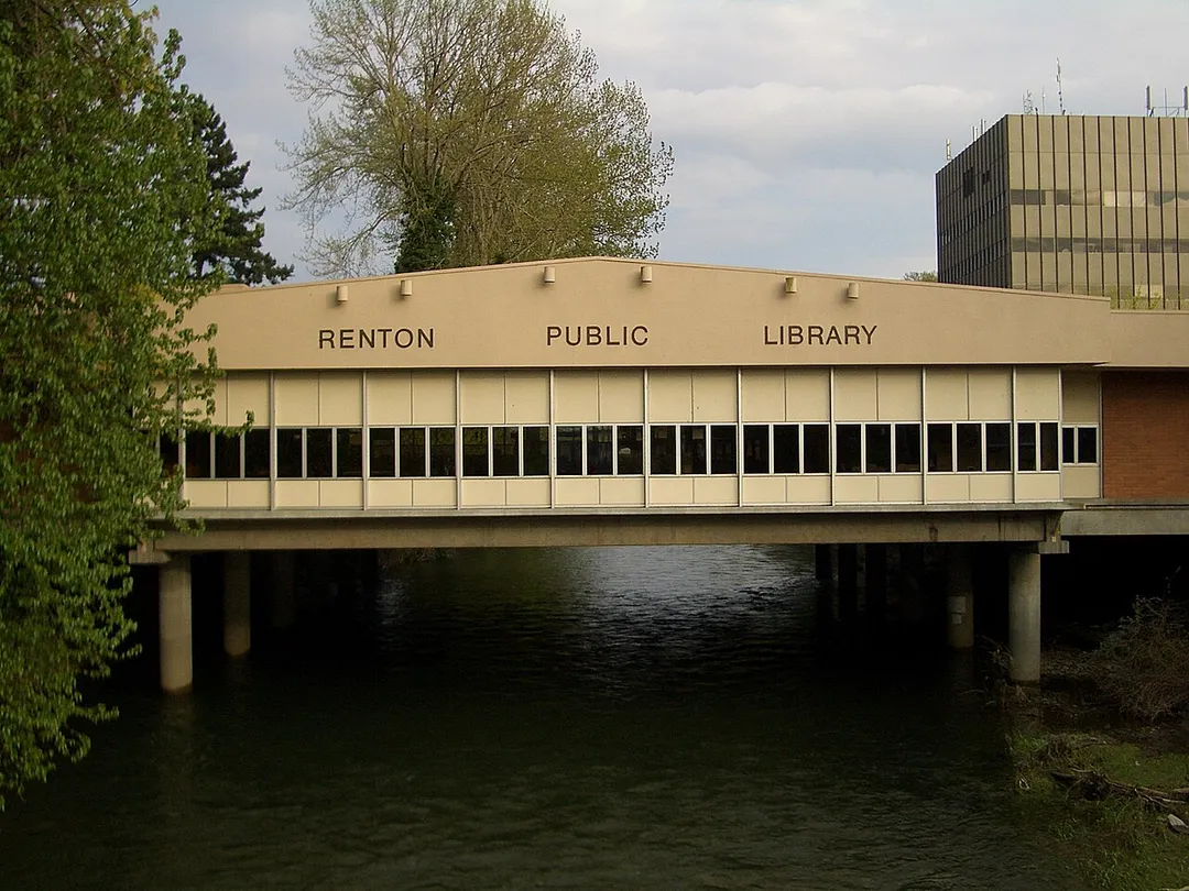 Renton Public Library straddles the Cedar River