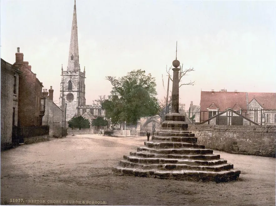 Repton Cross church and school Derbyshire England