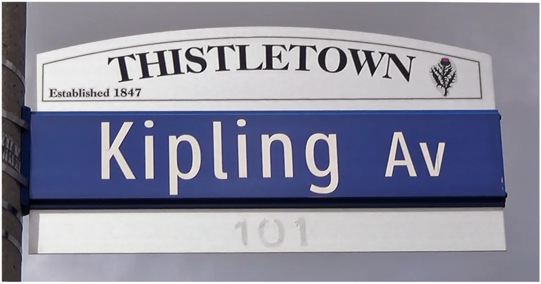 Toronto Kipling Avenue street sign at Albion Road. This sign is evidently reused as the covered address number 101 showing through is too low for this location