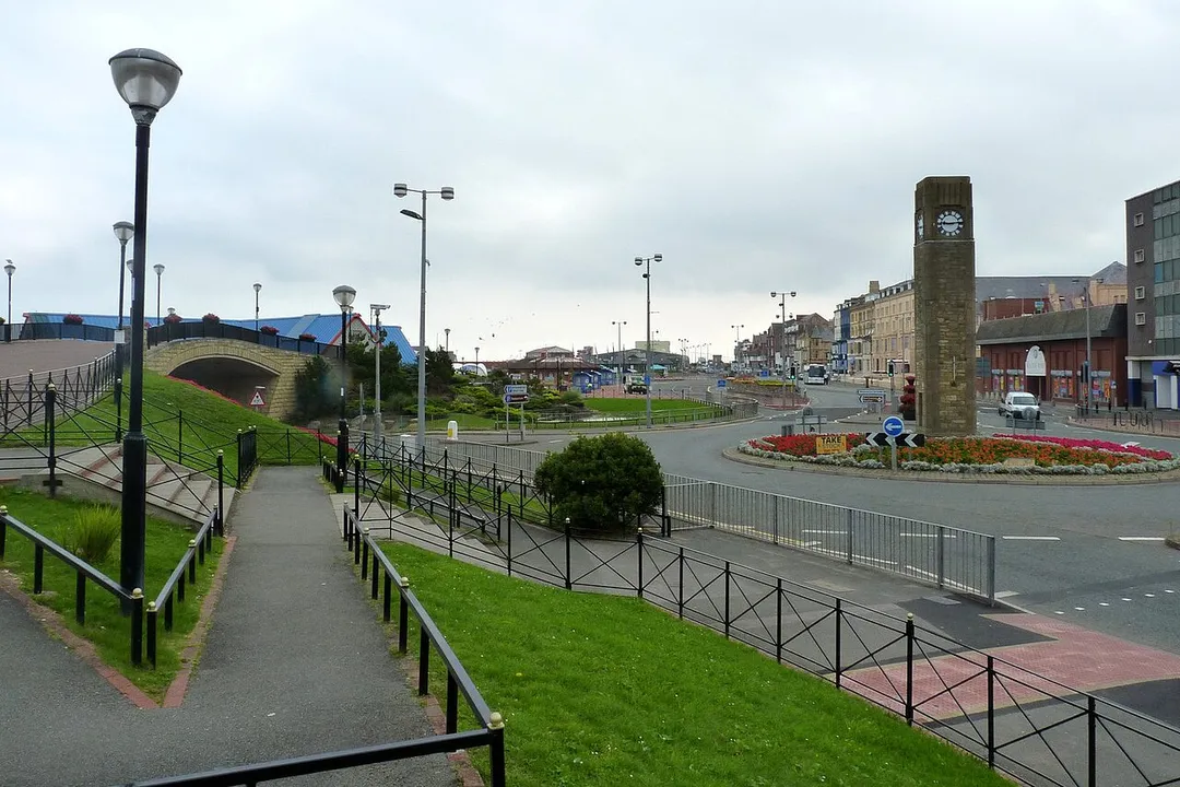 Clock tower and East Parade in Rhyl, Wales.