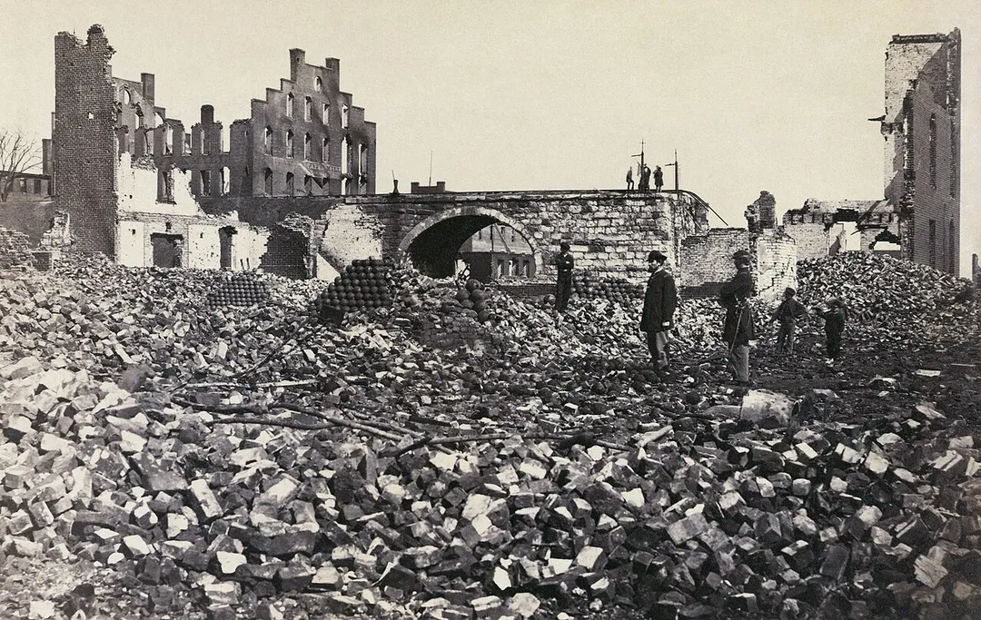 "Ruins in Richmond" Damage to Franklin paper mill and arsenal in Richmond, Virginia from the American Civil War.  Albumen print.