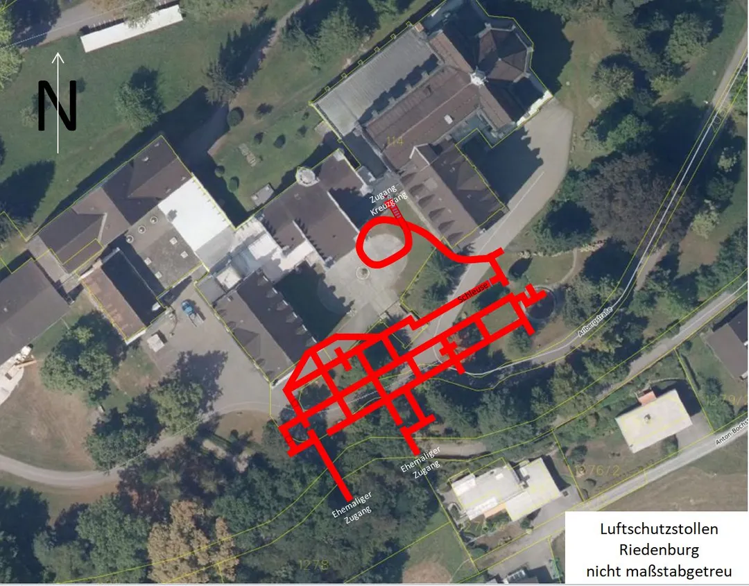 Sketch of the former air-raid shelter under the Riedenburg in Bregenz, Vorarlberg, Austria.