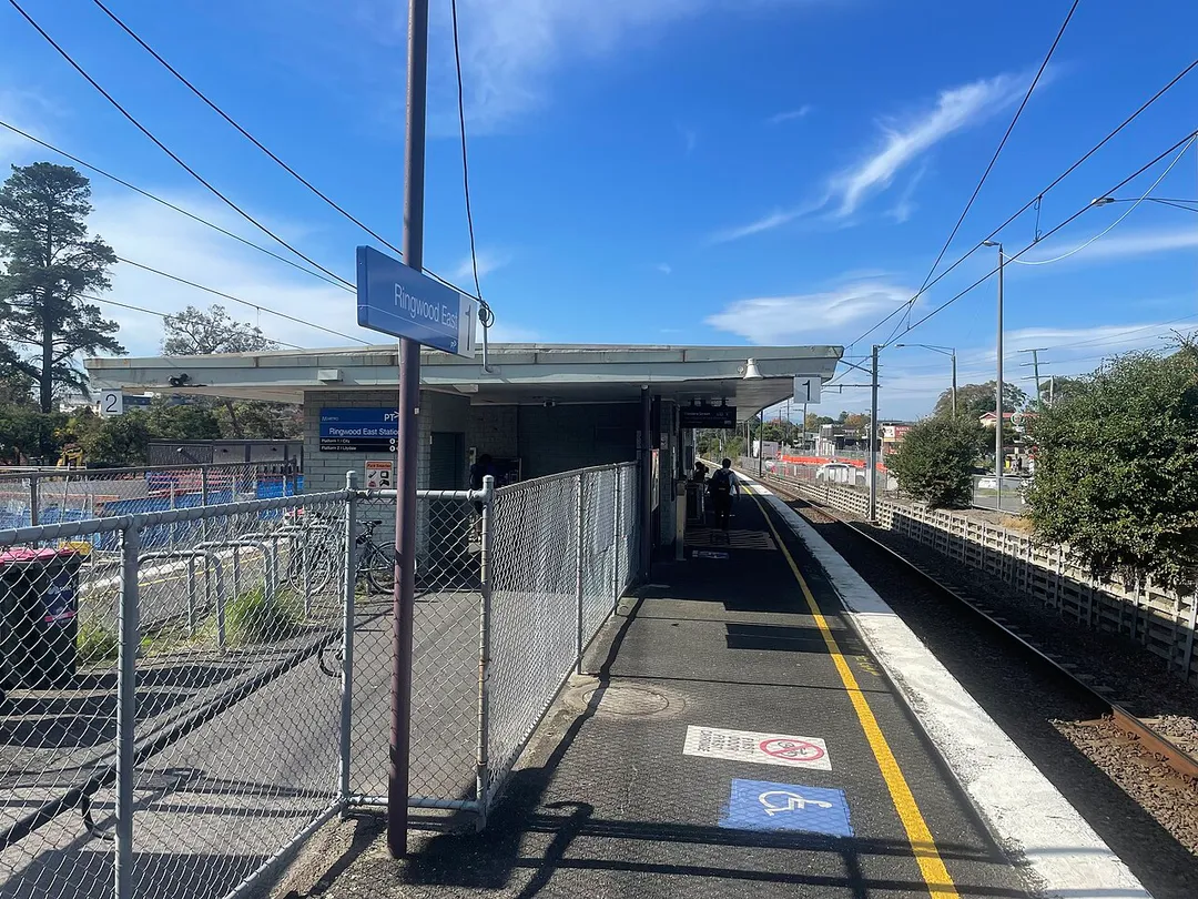 Eastbound view of the former ground level island platform at Ringwood East station in April 2024