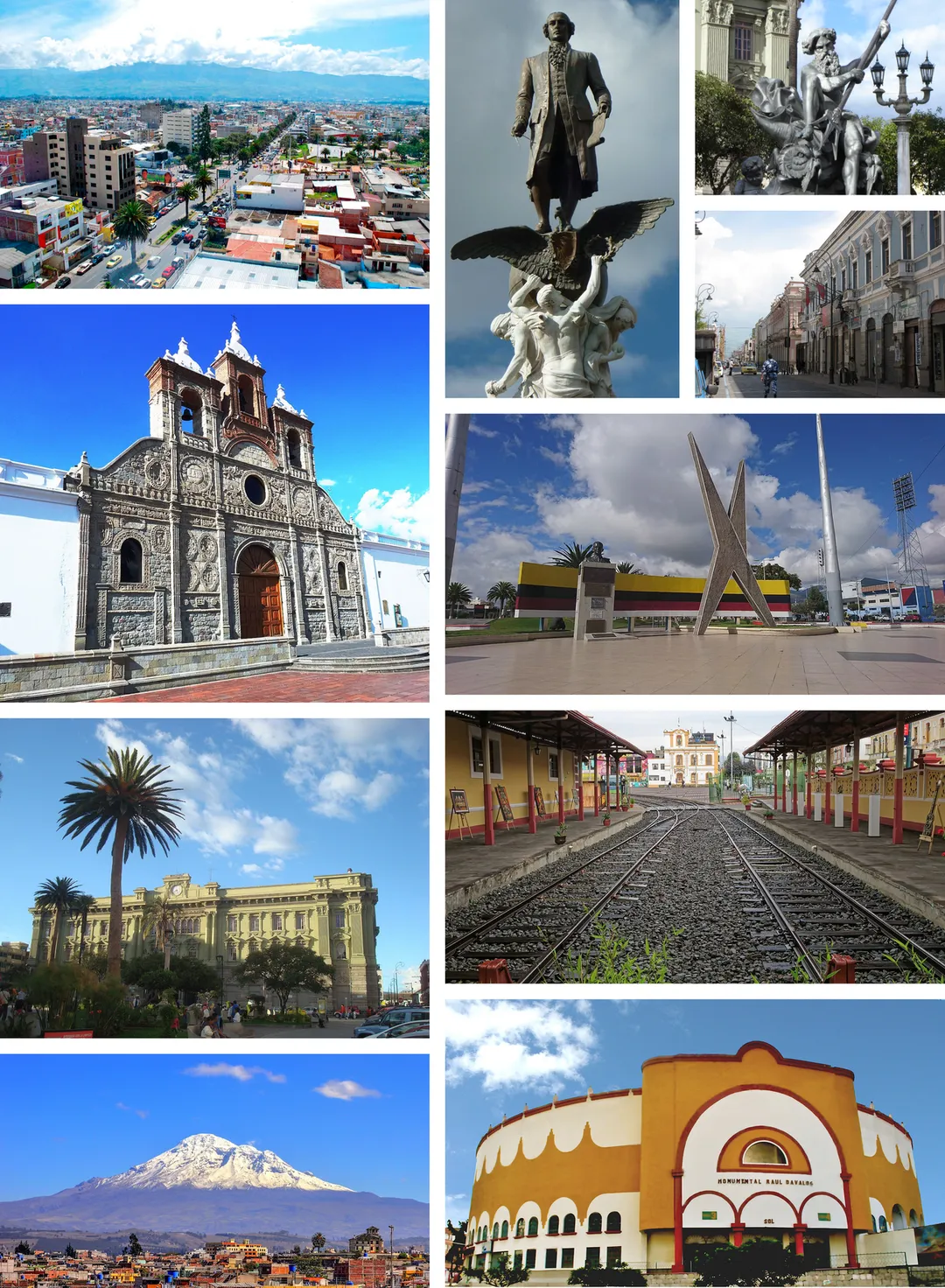 From top, left to right: Panoramic view of the city, monument to Pedro Vicente Maldonado, sculpture of Neptune, Primera Constituyente Street, St. Peter Cathedral, monument to Edmundo Chiriboga, Maldonado High School, Riobamba railway station, Chimborazo volcano and Monumental Raúl Dávalos bullring.