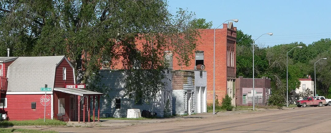 Downtown Riverton, Nebraska: south side of U.S. Highway 136, seen looking west from near Valley Street.