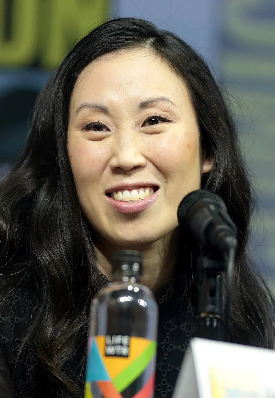 Angela Kang speaking at the 2018 San Diego Comic-Con International in San Diego, California.