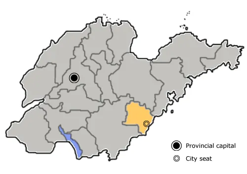 The prefecture-level city of Rizhao is highlighted on this map of Shandong province, People's Republic of China.