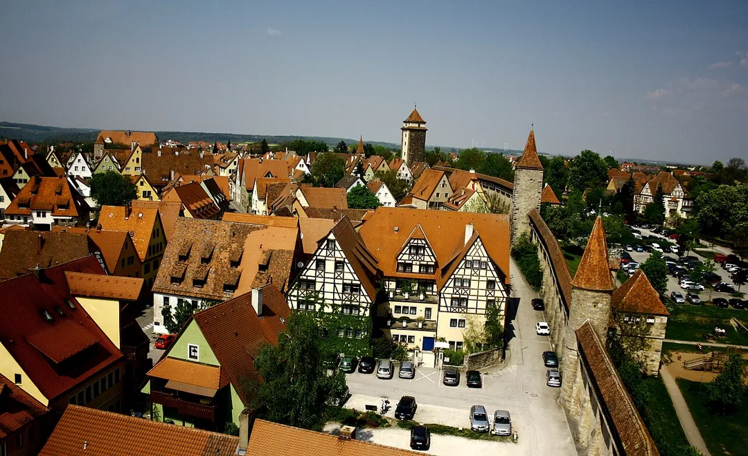 Rothenburg city as seen from top of the Roeder tower to north. The towers: Weiberturm, Thomasturm, Würzbuger Tor.
