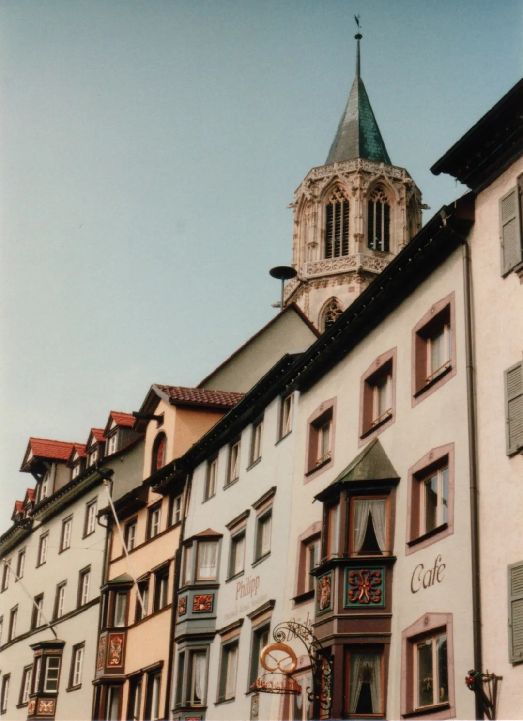The main street of Rottweil in Germany with the 15th-c. tower of Kapellenkirche Unserer Lieben Frau.