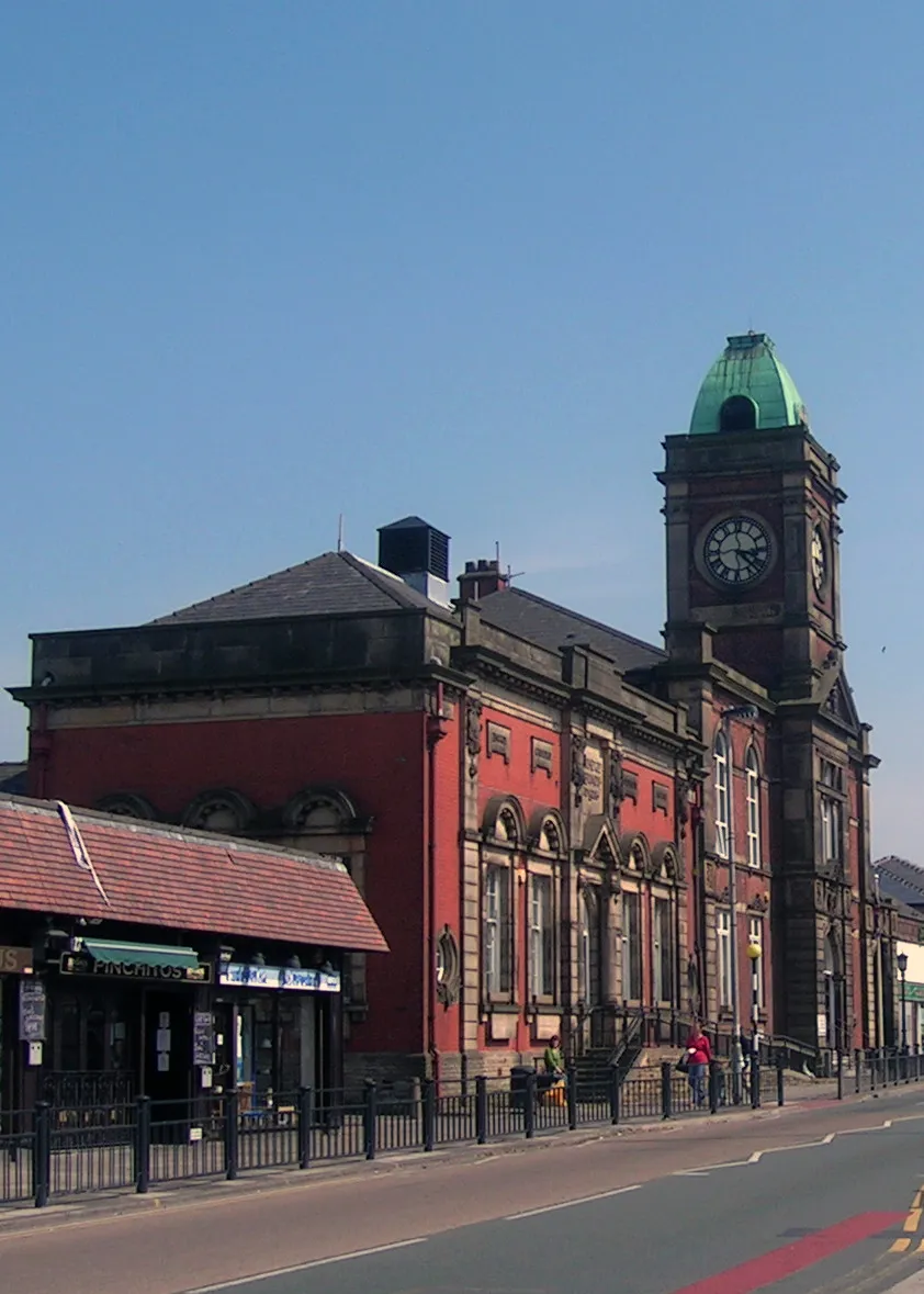 Royton Town Hall, and ajoining Carnegie Library (on the left), in Royton, Greater Manchester, England.
