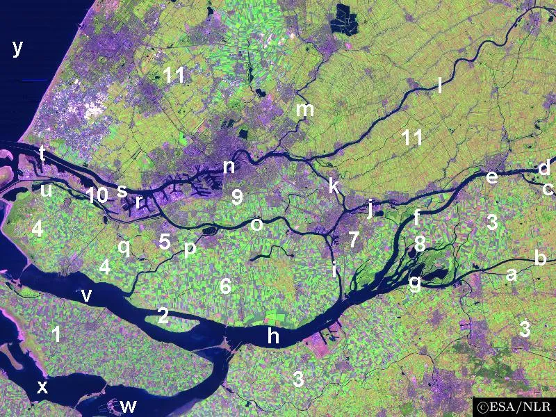 North part of the Rhine-Meuse-Scheldt delta in the Netherlands, focusing on the Rhine and Meuse-influenced bit. This false colour image was made by NLR and ESA.
