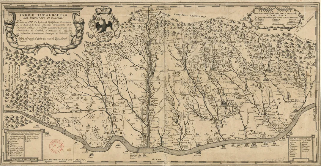 17th century map of Wallachia (nowadays, Southern Romania), by stolnic Constantin Cantacuzino