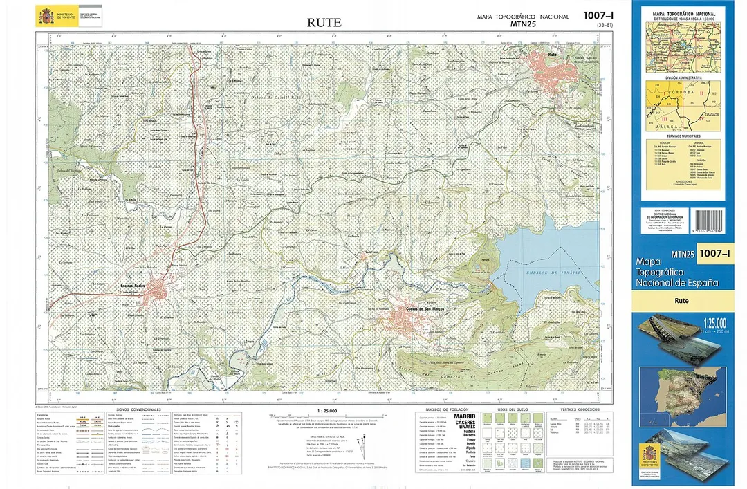 Fragment 1007c1 of the National Topographic Map of Spain in 2008 at a scale of 1:25000 printed and scanned with a resolution of 250 ppi. It shows Rute.