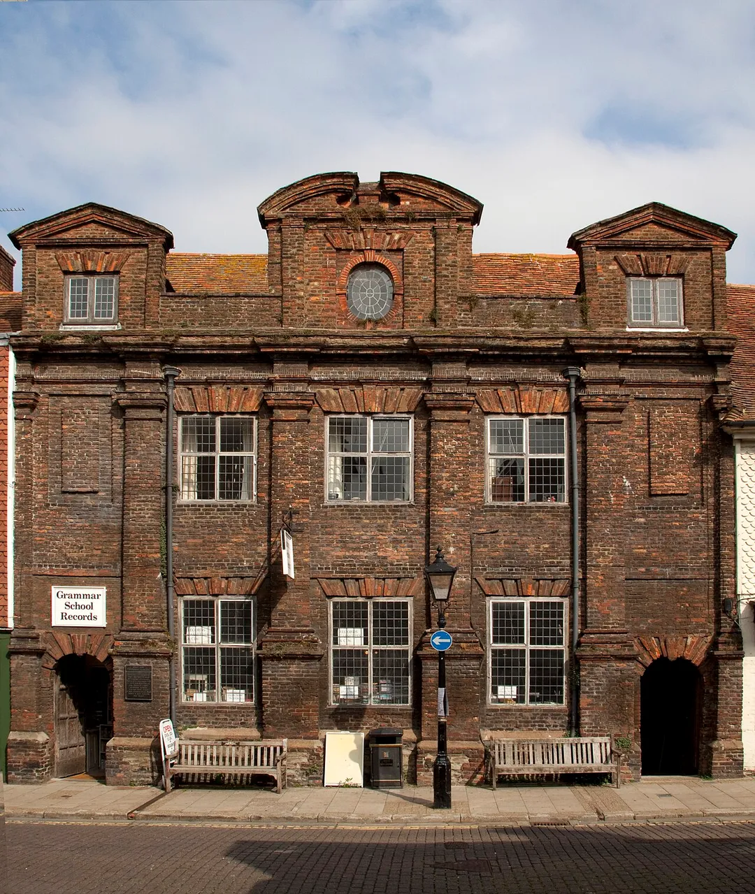 The old grammar school in the town of Rye, East Sussex, England. Founded by Sir Thomas Peacocke in 1636 as a free school 'for the better of Education and Breeding of Youth in good Literature', the building functioned as a school until 1907. The ground floor now houses a record shop, titled Grammar School Records.
