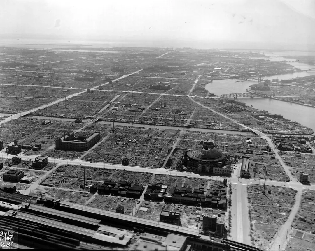 Bomb damage to Tokyo following United States raids on the city during World War II
